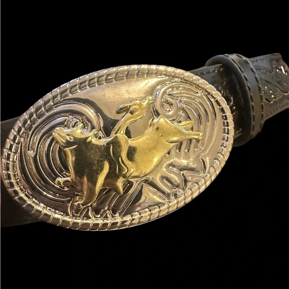Nocona Black Embossed Belt with Silver/Gold Buckle